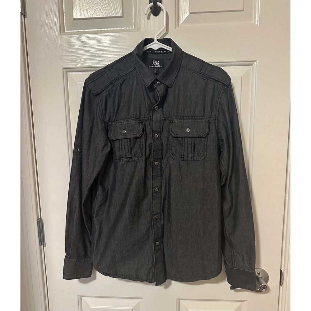 Rock & Republic Shirt Mens Small Gray Button Down Military Epaulette Long Sleeve